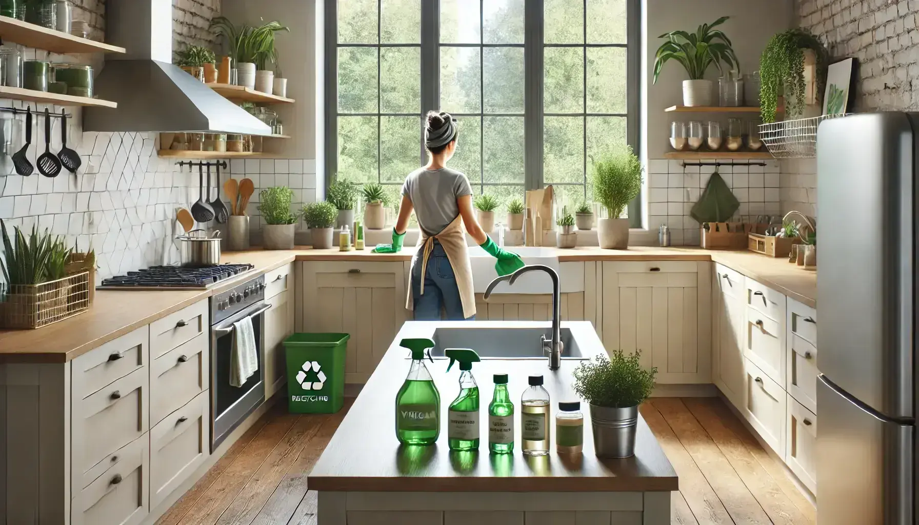 Eco-friendly cleaning products made from natural plant-based ingredients alongside traditional cleaning supplies