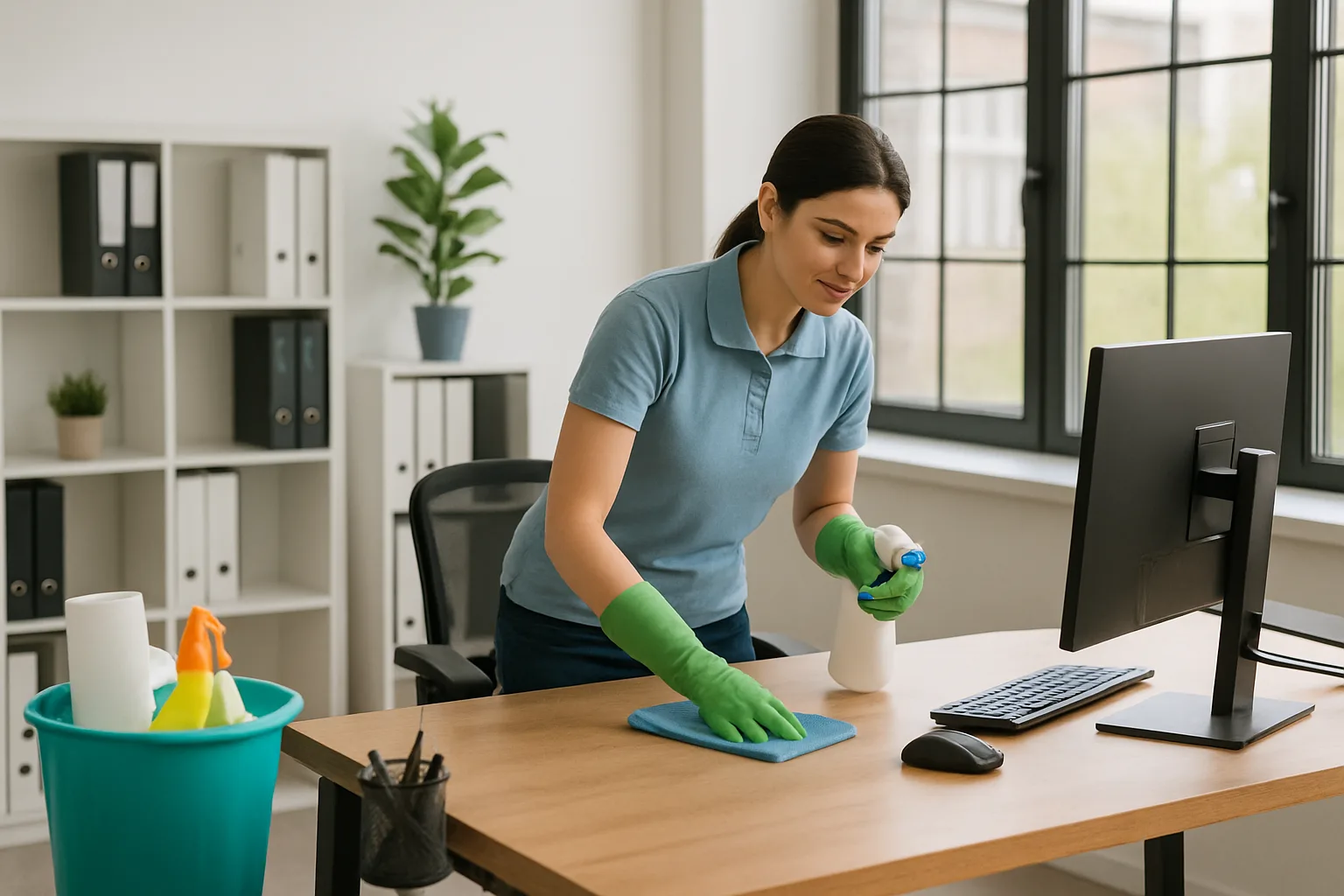 Clean, organized office workspace with tidy desks and fresh surfaces