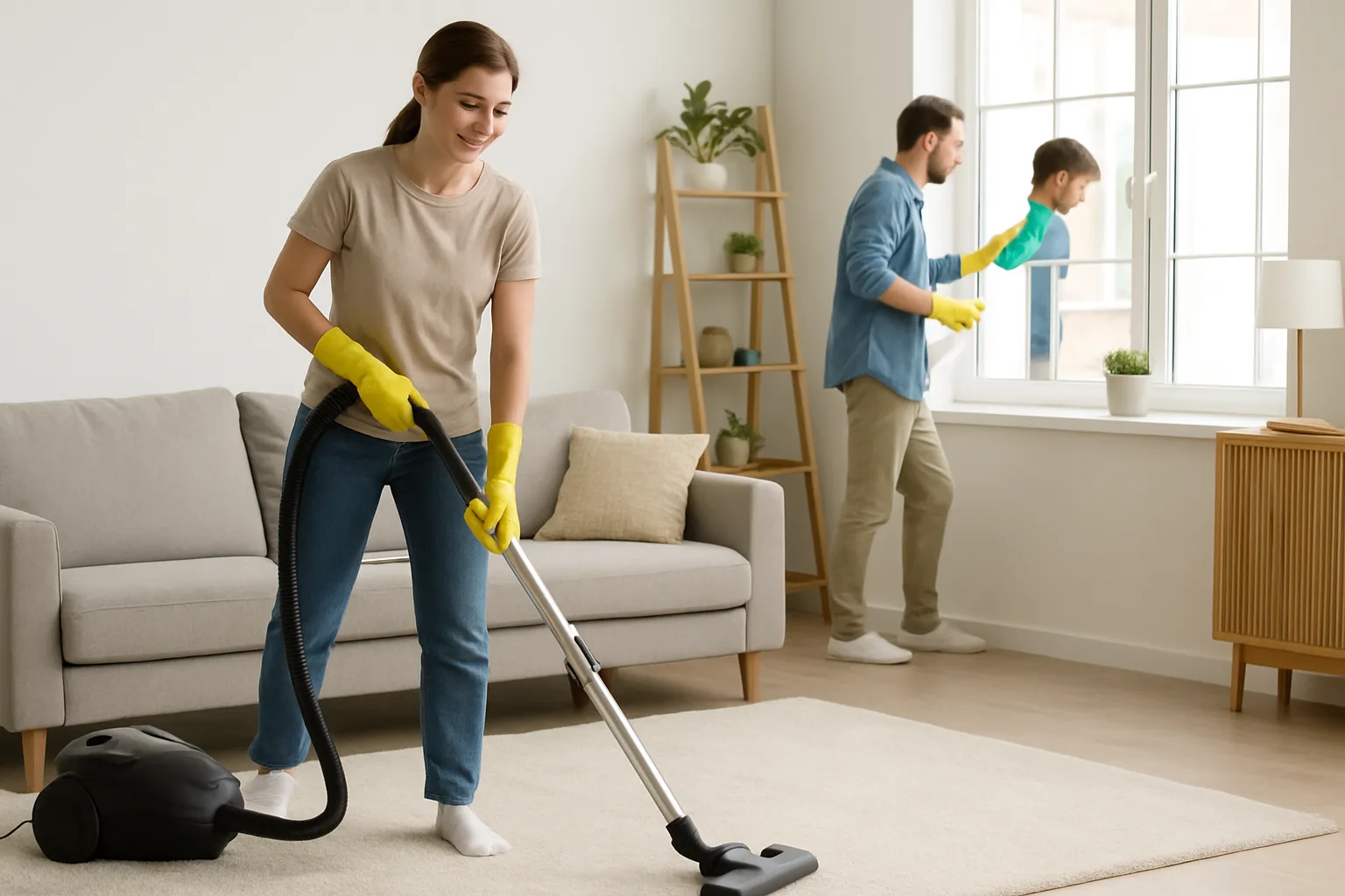 Person relaxing in a beautifully clean and organized home interior